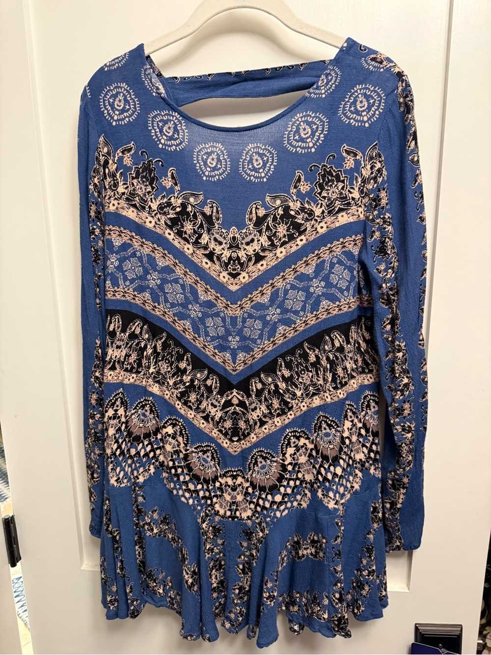 Free People Blue and Beige Long Sleeve Printed Tunic